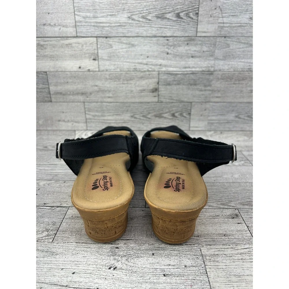 Spring Step Women Black Leather Perforated Slingback Wedge Sandals Size 41‎
